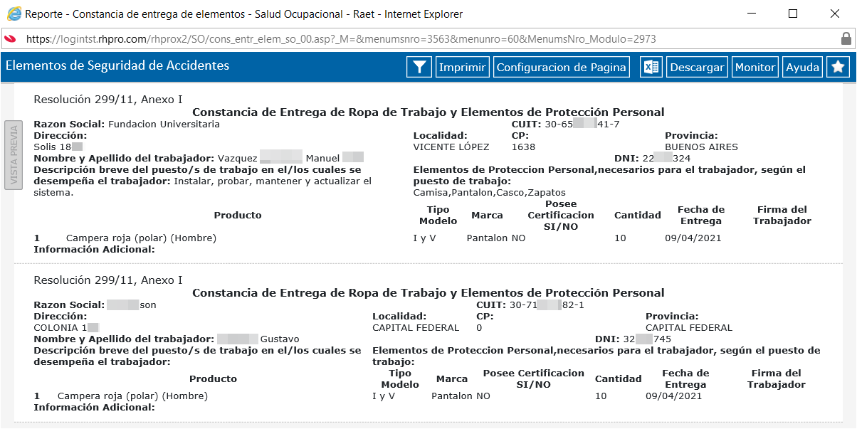 Reporte Constancia de Entrega de Ropa de Trabajo y Elementos de